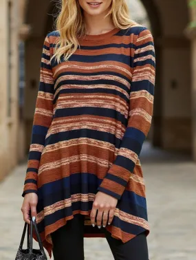 Casual striped print asymmetric T-shirt Relaxed Crew Neck Opening Stretch Material