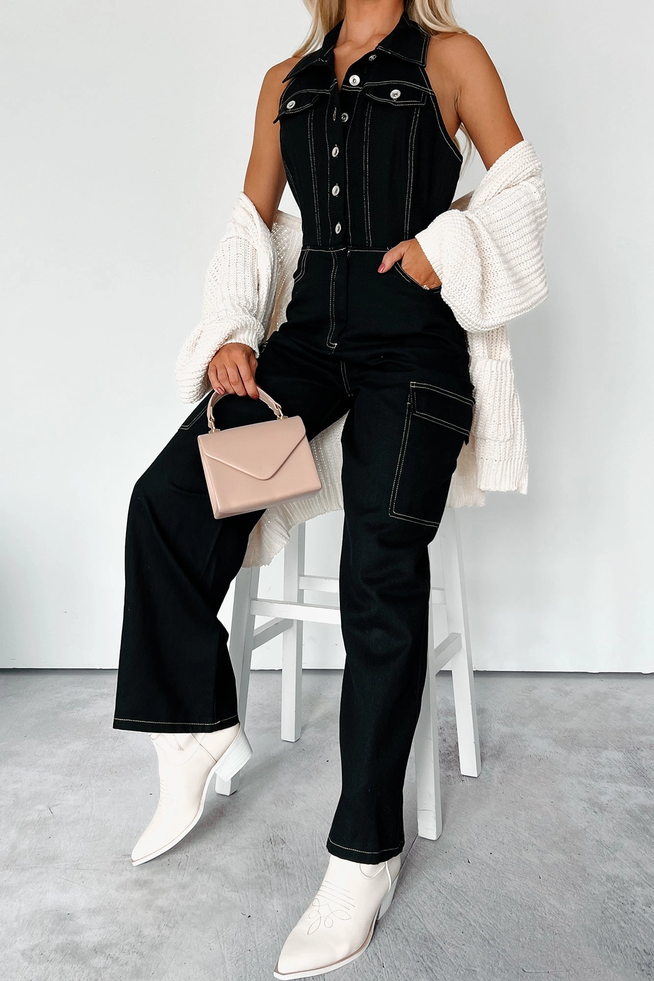 Social Call Denim Halter Cargo Jumpsuit (Black) Grid Texture Fabric Casual Style