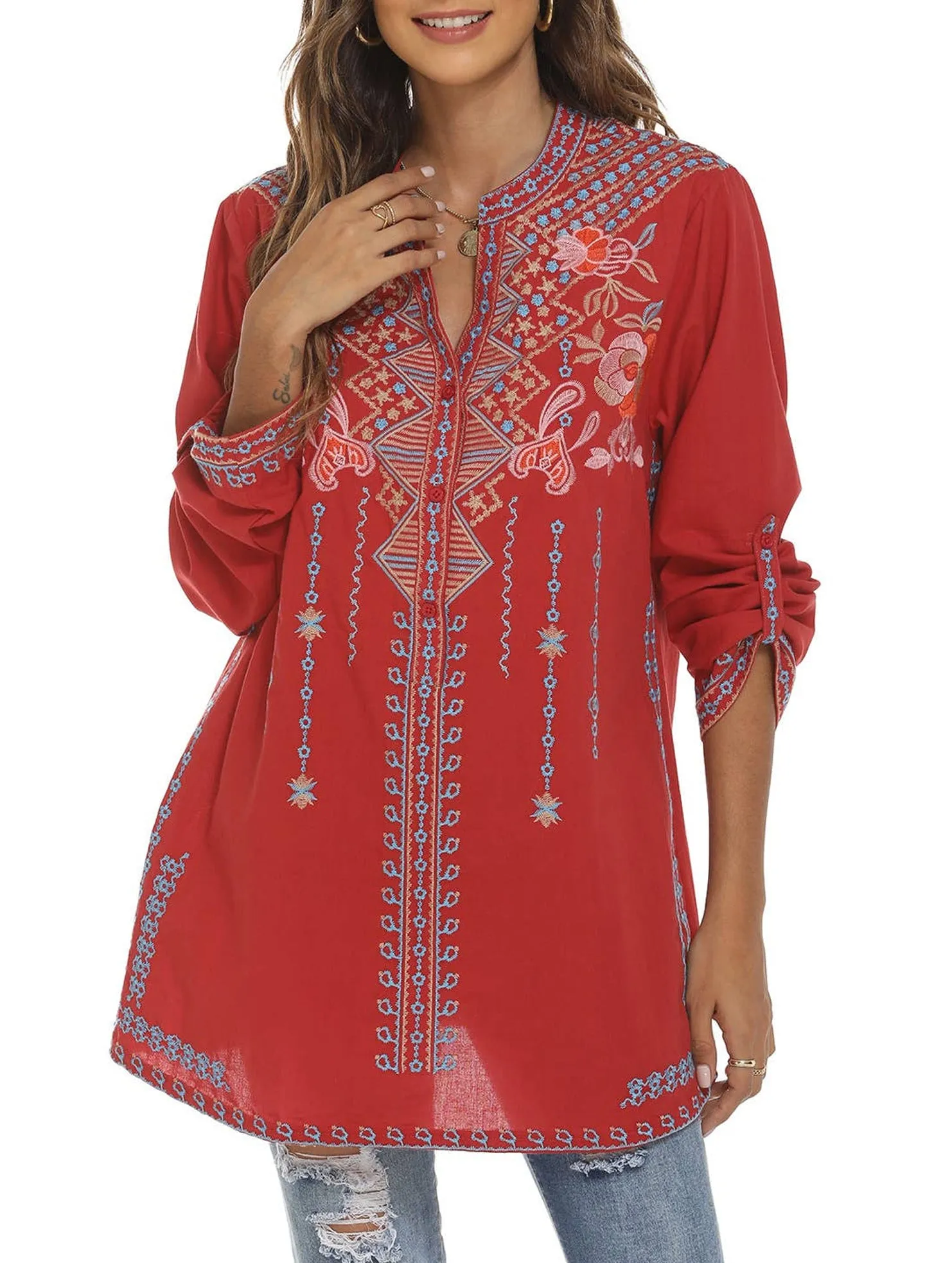 COTTON STAND-UP COLLAR EMBROIDERED SHIRT_CWTBLL0819 Modular Layering System Ribbed Neckline