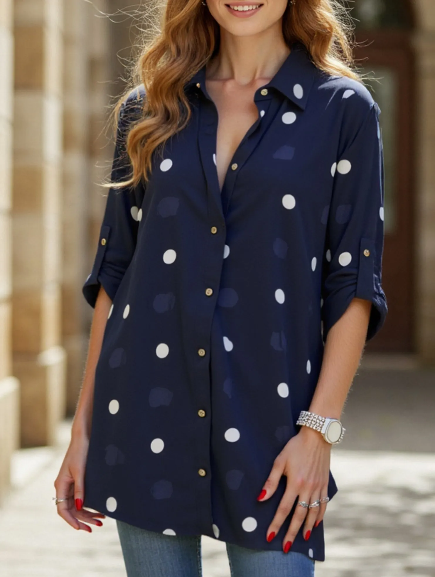 Simple lapel long-sleeved polka dot shirt BreathableMesh Non Chafe Armholes