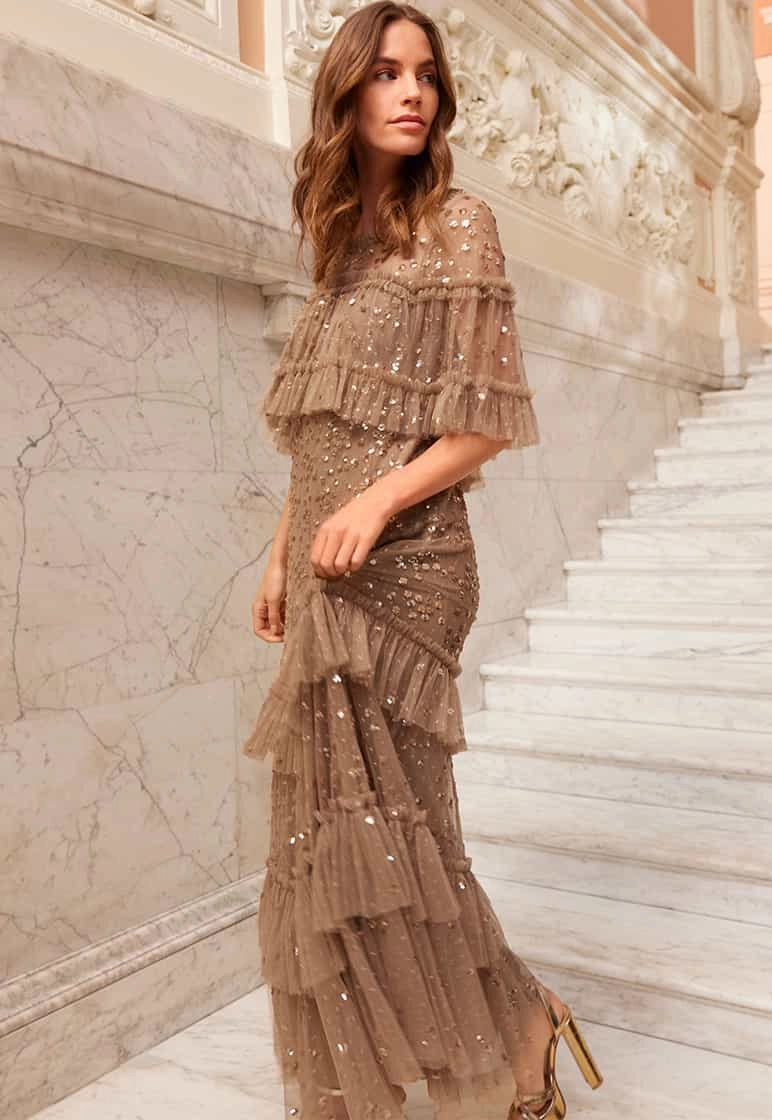 Soft Vibes cut out Leila Dot Tiered Cape Ankle Gown