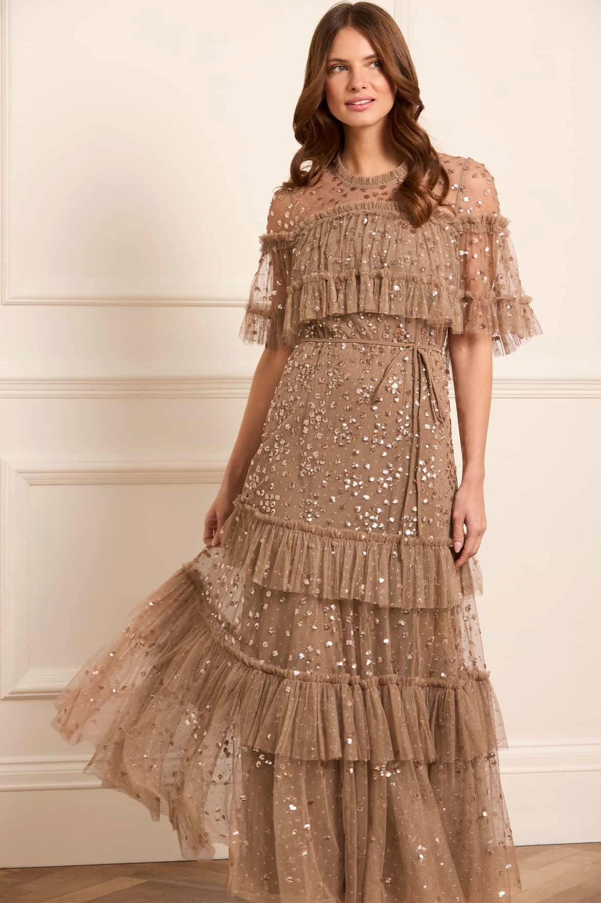 and Effortless fit dress. Fitted waist Leila Dot Tiered Cape Ankle Gown