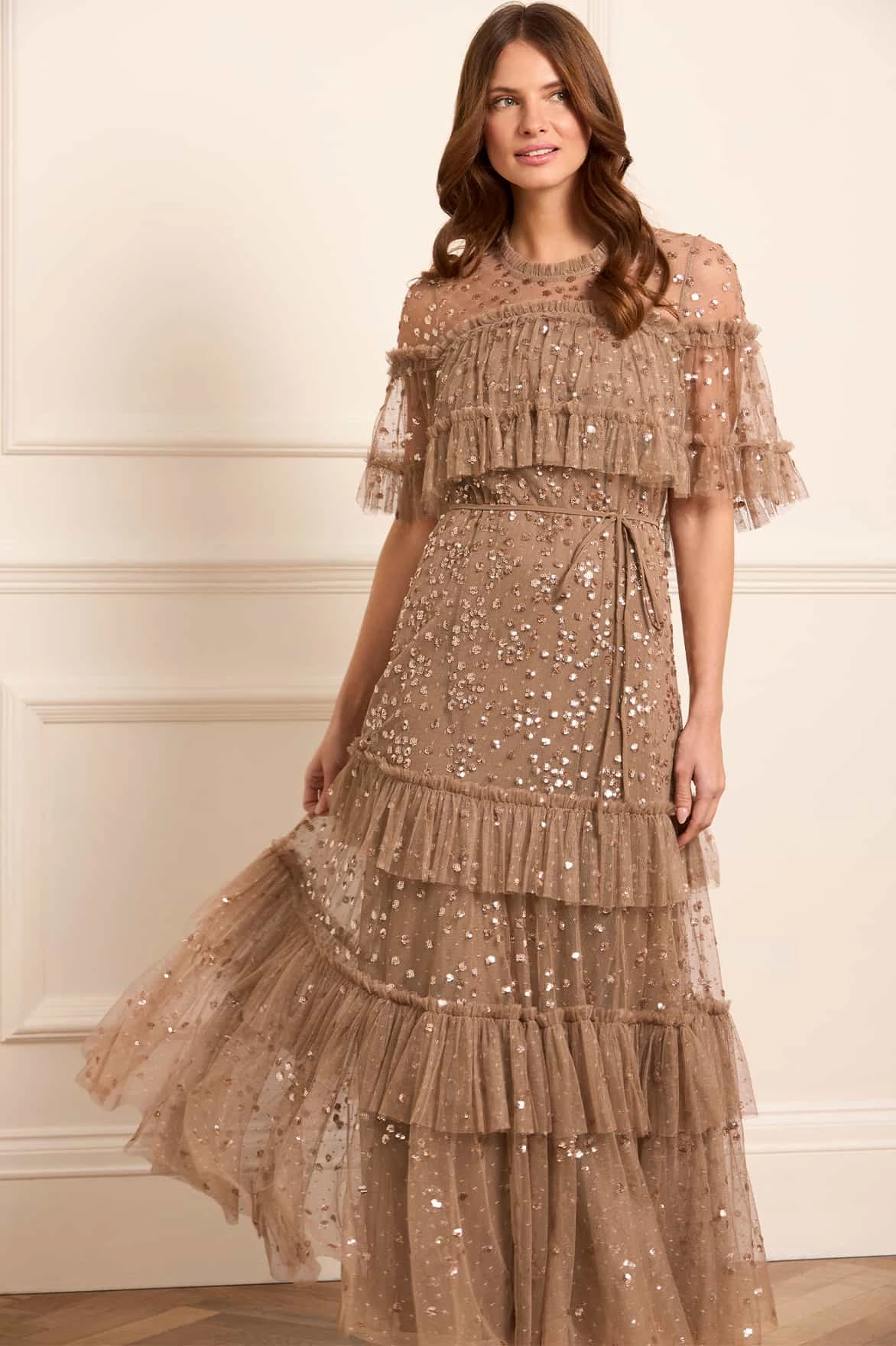 Life Soft Vibrant color dress Leila Dot Tiered Cape Ankle Gown