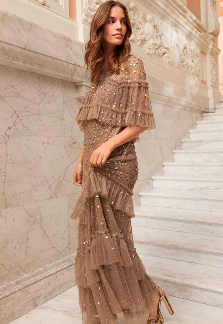 Leila Dot Tiered Cape Ankle Gown BreathableLining