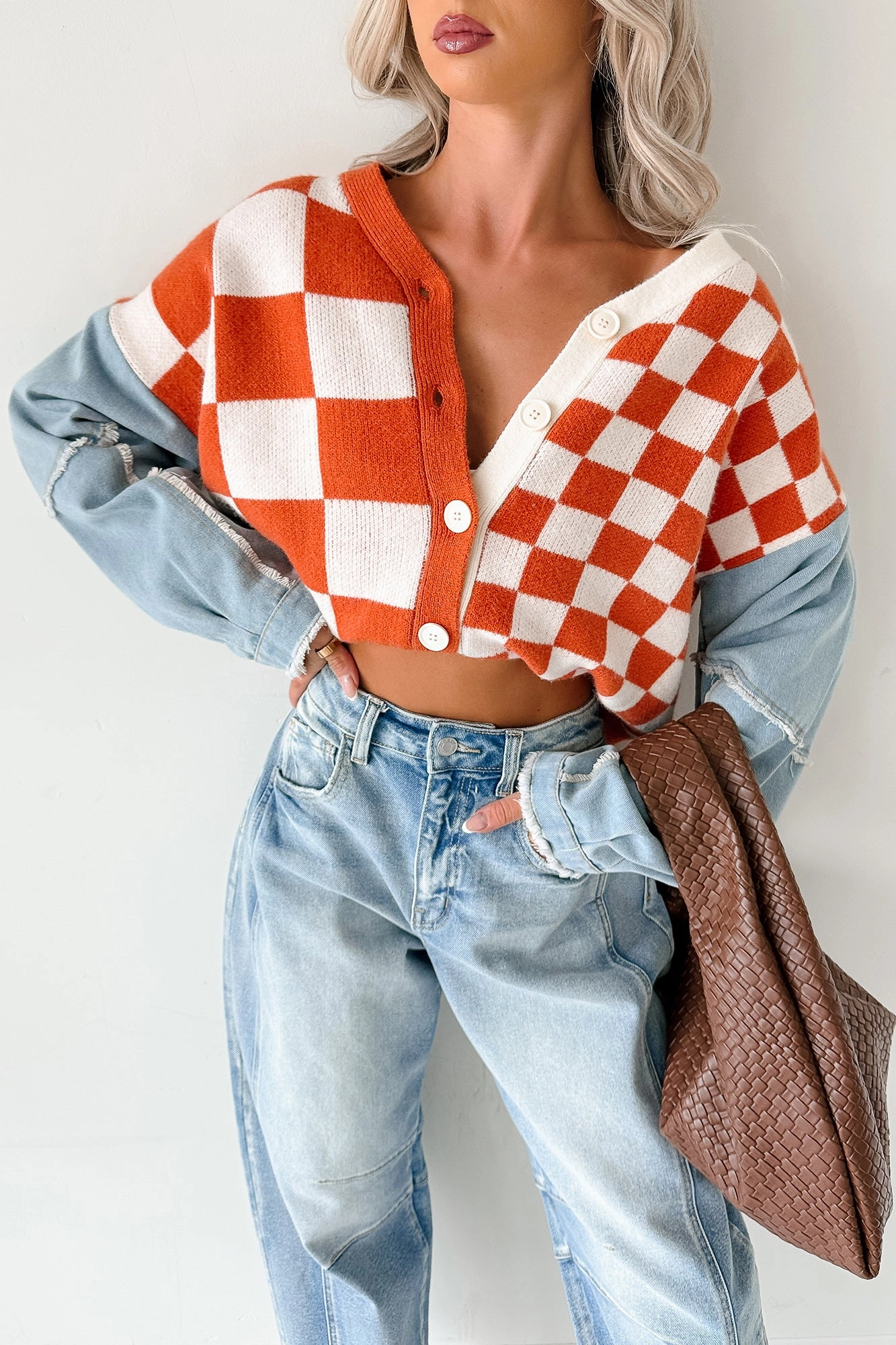Anti Odor Finish Cozy Sweatshirt Wild Out Checkered Knit Denim Sleeve Cardigan (Orange)