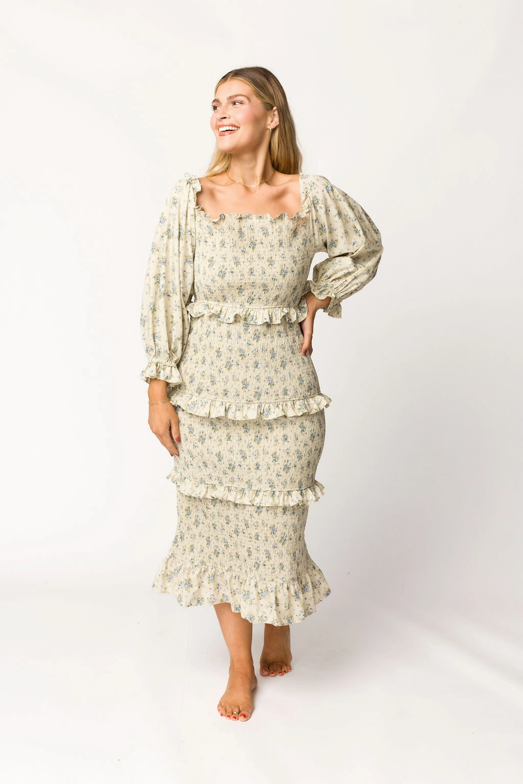 Cap-Sleeve Lila Floral Printed Smocked Midi Dress in Blue - Bump Friendly *Final-Sale*