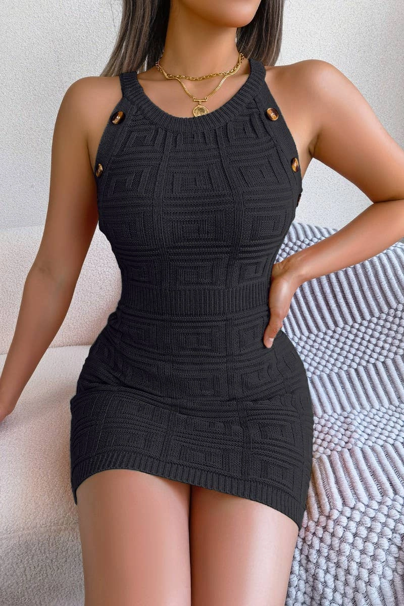 breathable-mesh Magnetic-Closure BUTTON DOWN SLEEVELESS PLAID WAIST KNIT HIP DRESS_CWDSD2481