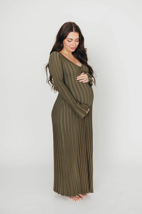 Hadley Long Sleeve V-Neck Knit Maxi Dress in Olive- Bump Friendly Day Romance Light Mood