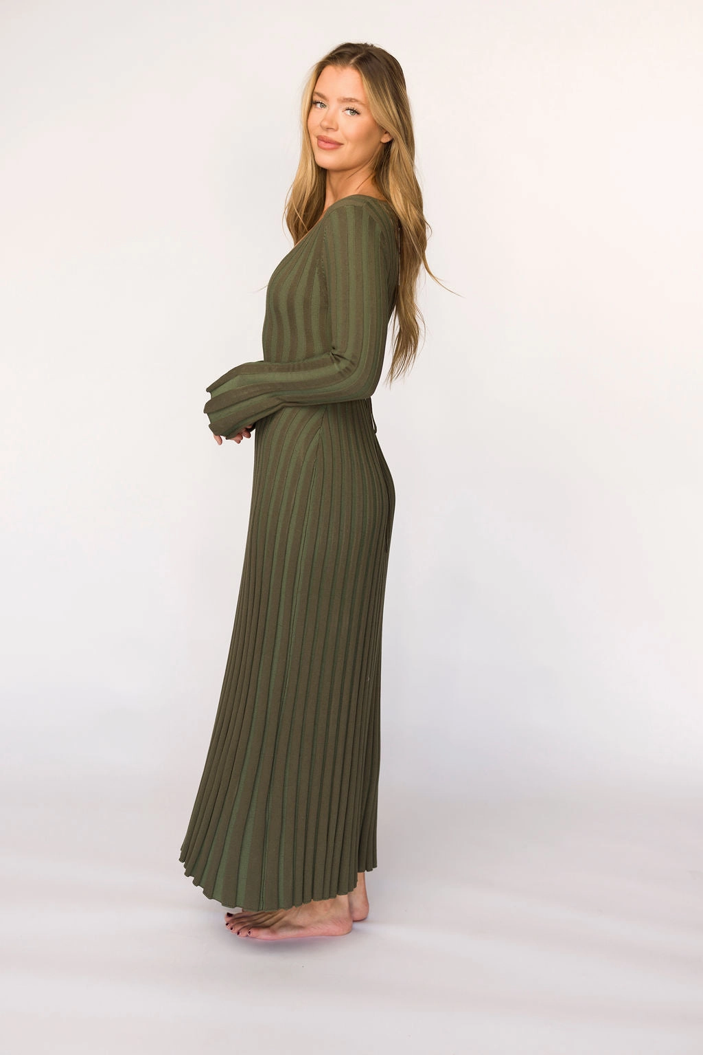 Everyday Comfort Soft Draping Hadley Long Sleeve V-Neck Knit Maxi Dress in Olive- Bump Friendly