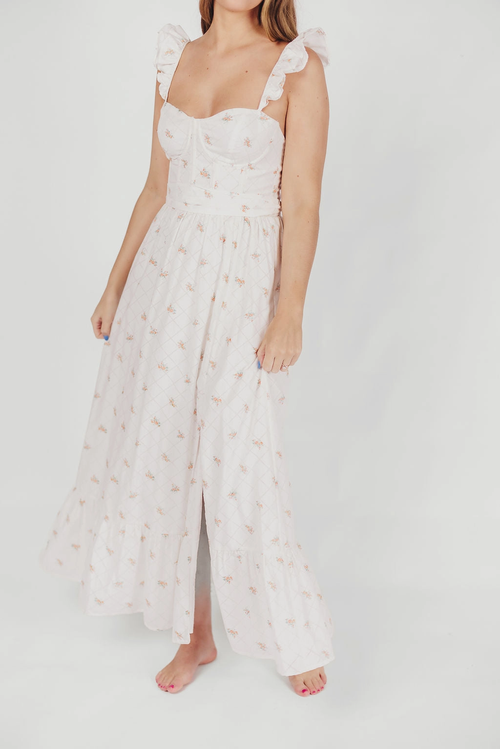 Rosamund Bustier-Style Maxi Dress in White/Orange Floral - Inclusive Sizing (S-XL) animal-print