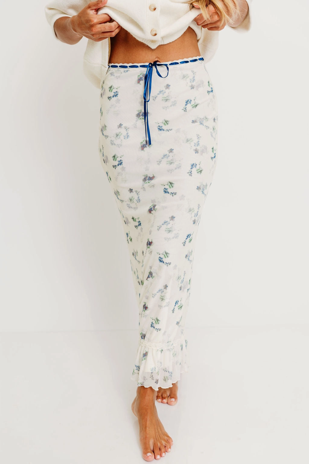 adventure apparel Tyra Floral Mesh Maxi Skirt in Cream