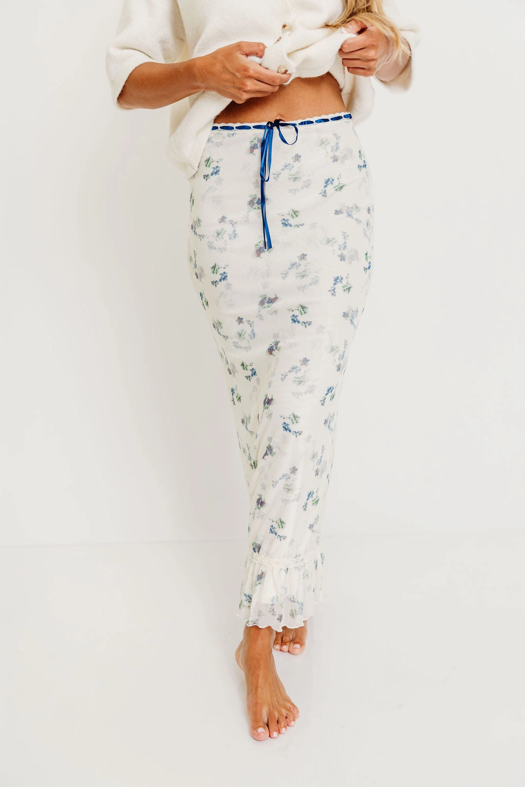 Tyra Floral Mesh Maxi Skirt in Cream Tiered hem