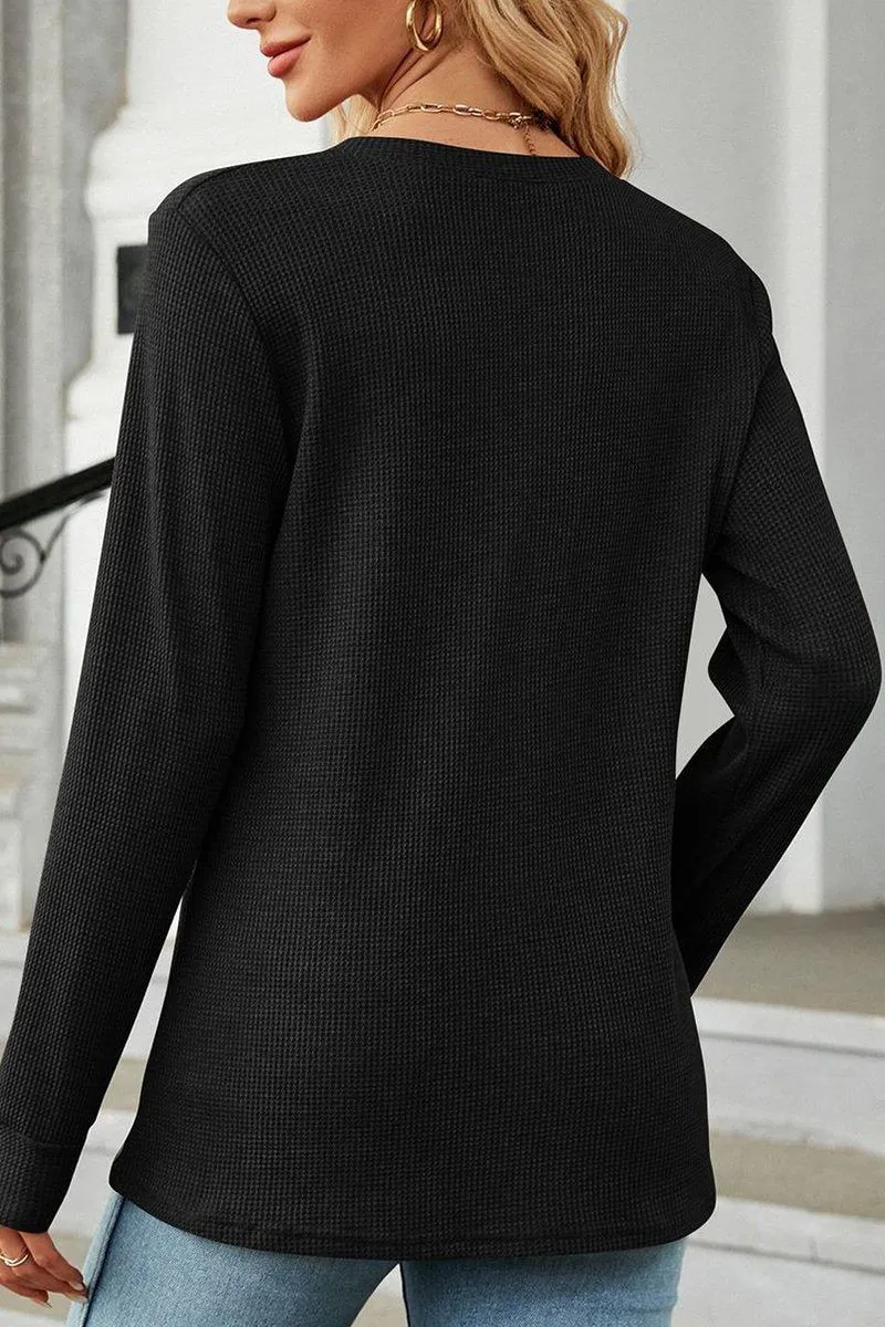WOMEN BUTTON NECK KNITTED DAILY TOP Brushed Interior