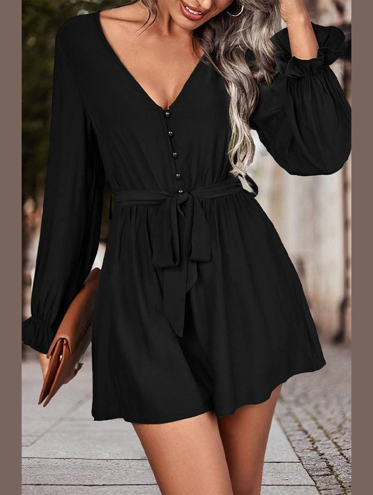 WAIST TIED SEXY DEEP V NECK DRESS Weighted Hem Design