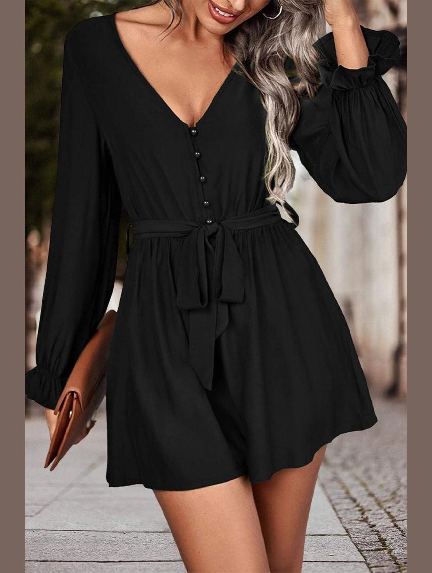 WAIST TIED SEXY DEEP V NECK DRESS High Collar Option Soft Touch Feel