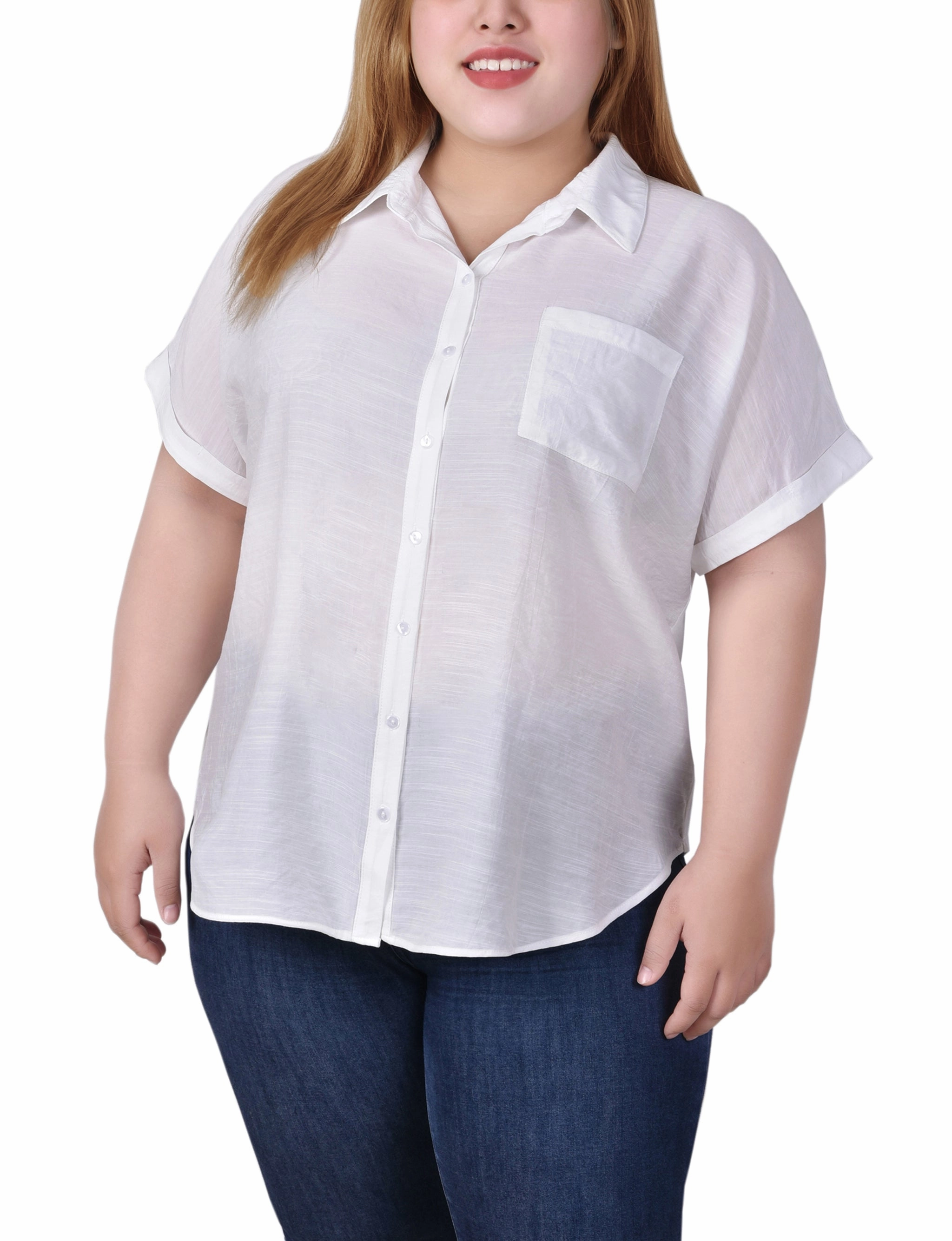 Button Down Collar Style UVProtection Plus Size Short Sleeve Woven Front/Jersey Back Top