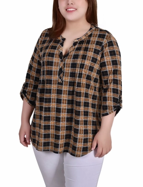 Plus Size 3/4 Roll Tab Sleeve Y Neck Top DurableCollarStays