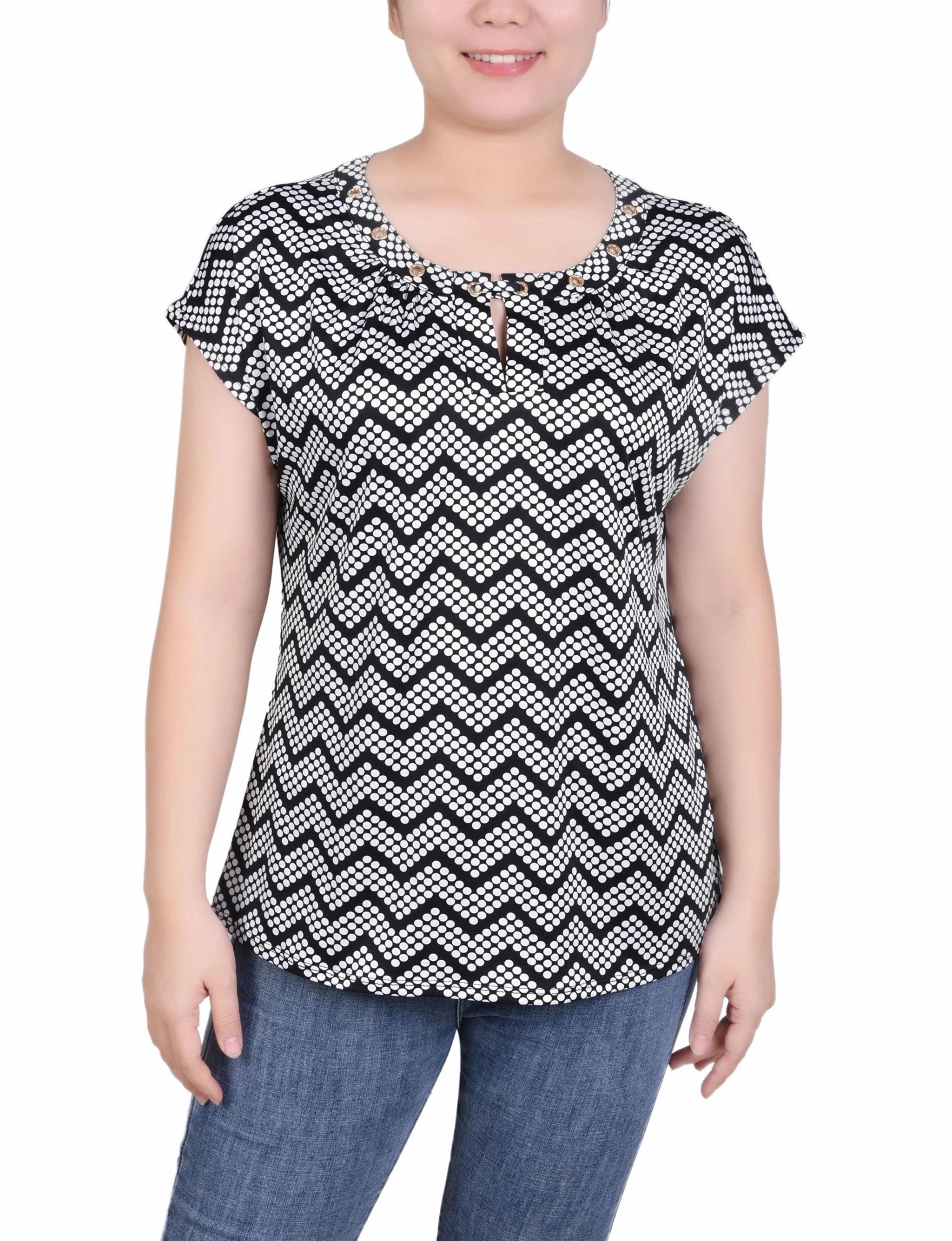 Extended Sleeve Top With Grommets WaffleWeave Adjustable Hem