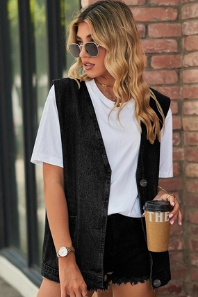 V NECK FADED DENIM BUTTON UP POCKET VEST Fashionable Shirt