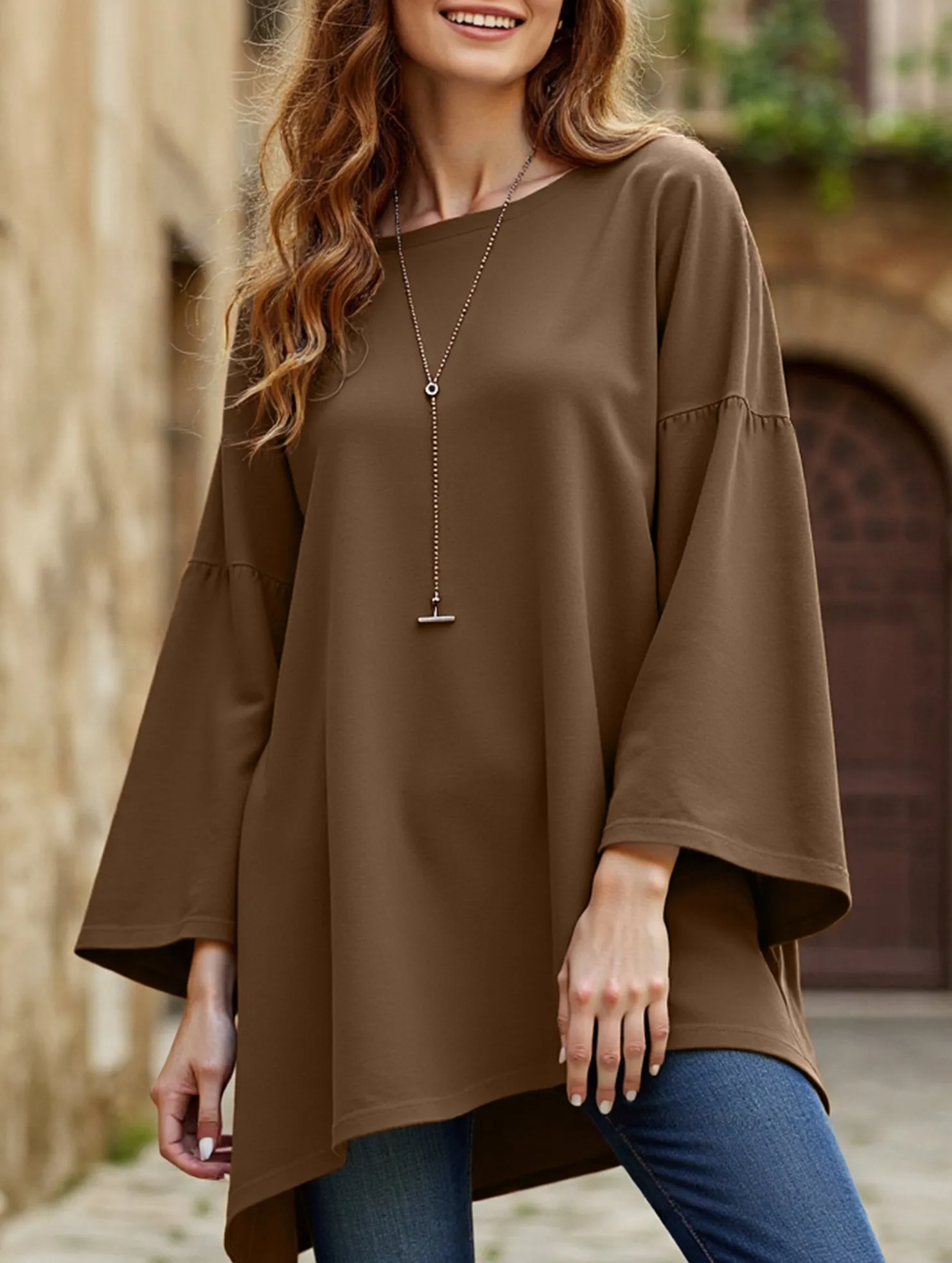 Solid color round neck slit long sleeve loose top Soft Blended Fabric OversizedSilhouette