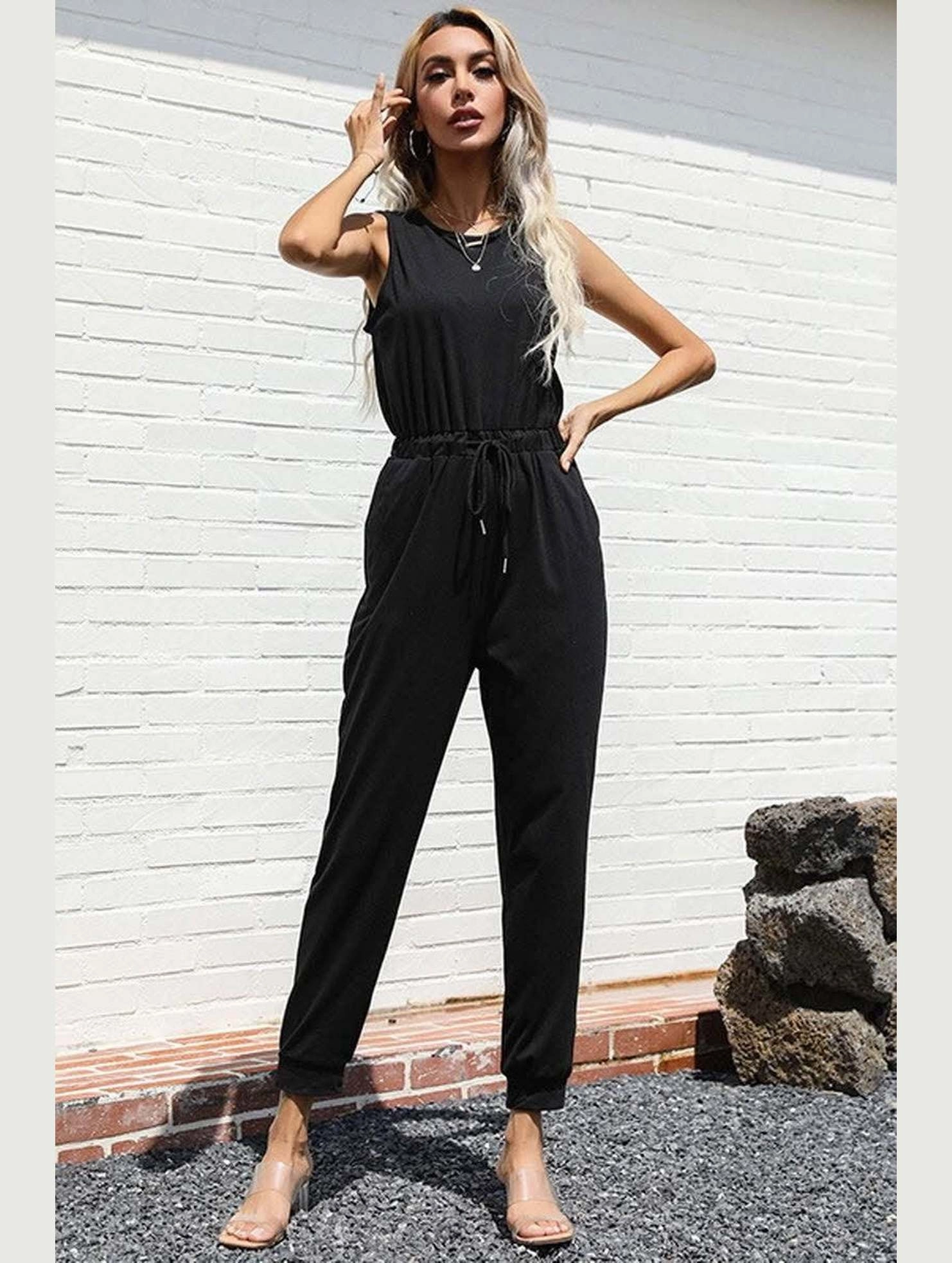 SOLID COLOR BLACK SLEEVELES JUMPSUIT Unique Clean Shopping Sharp