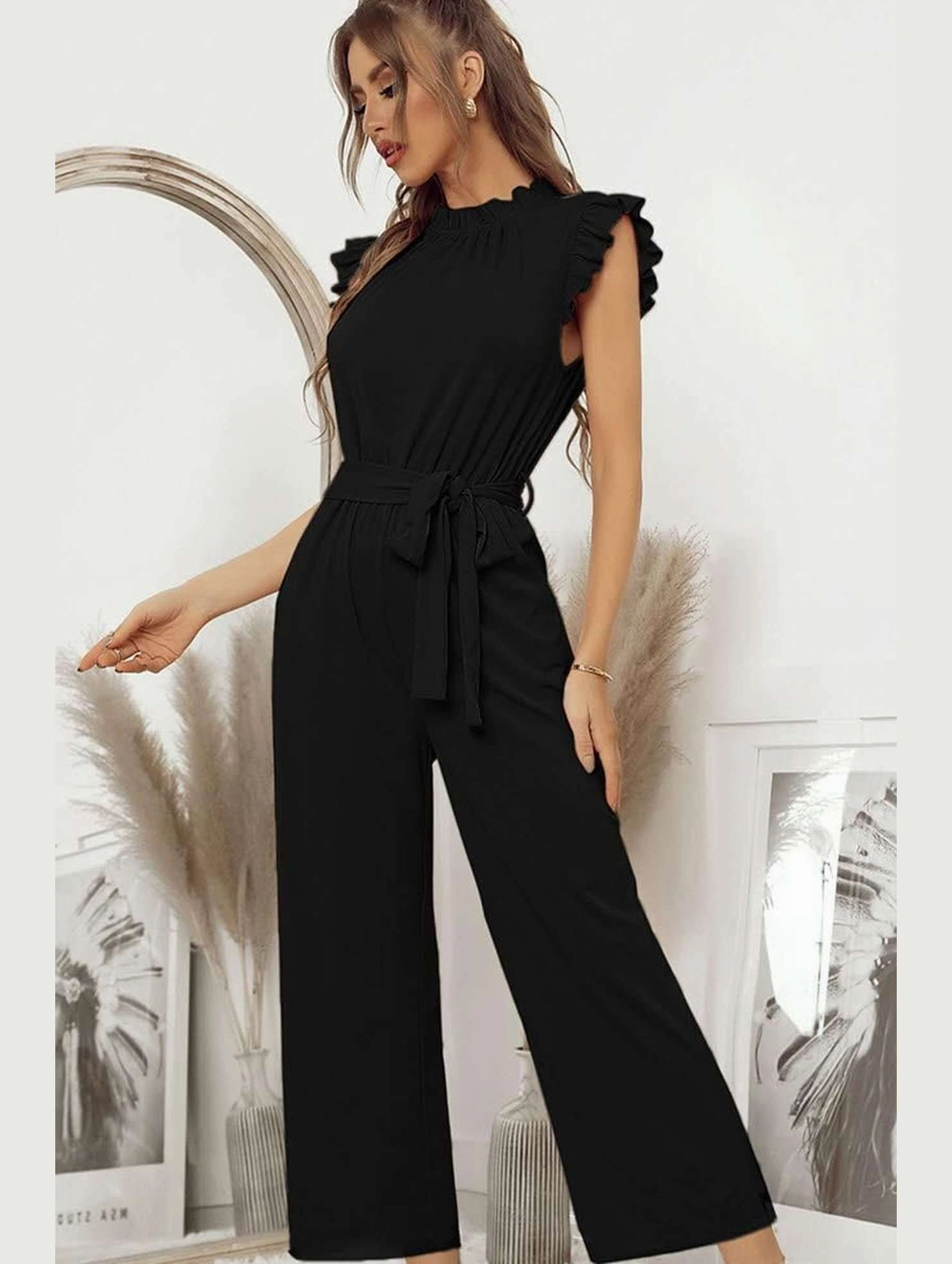 SOLID COLOR FLYING SLEEVE JUMPSUIT Anti Pilling Finish WrinkleResistantWeave
