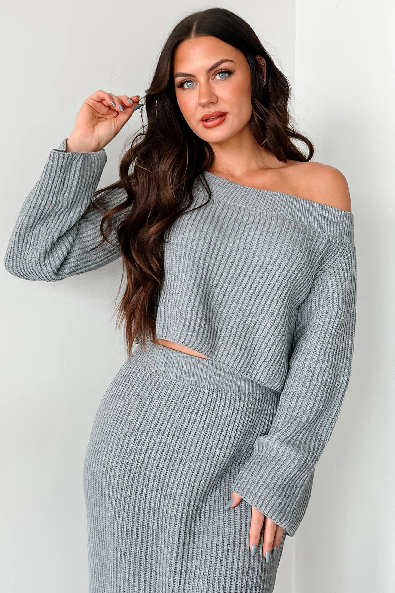 HighElasticity QuickDry Textile Something To Remember Off The Shoulder Sweater (Heather Grey)