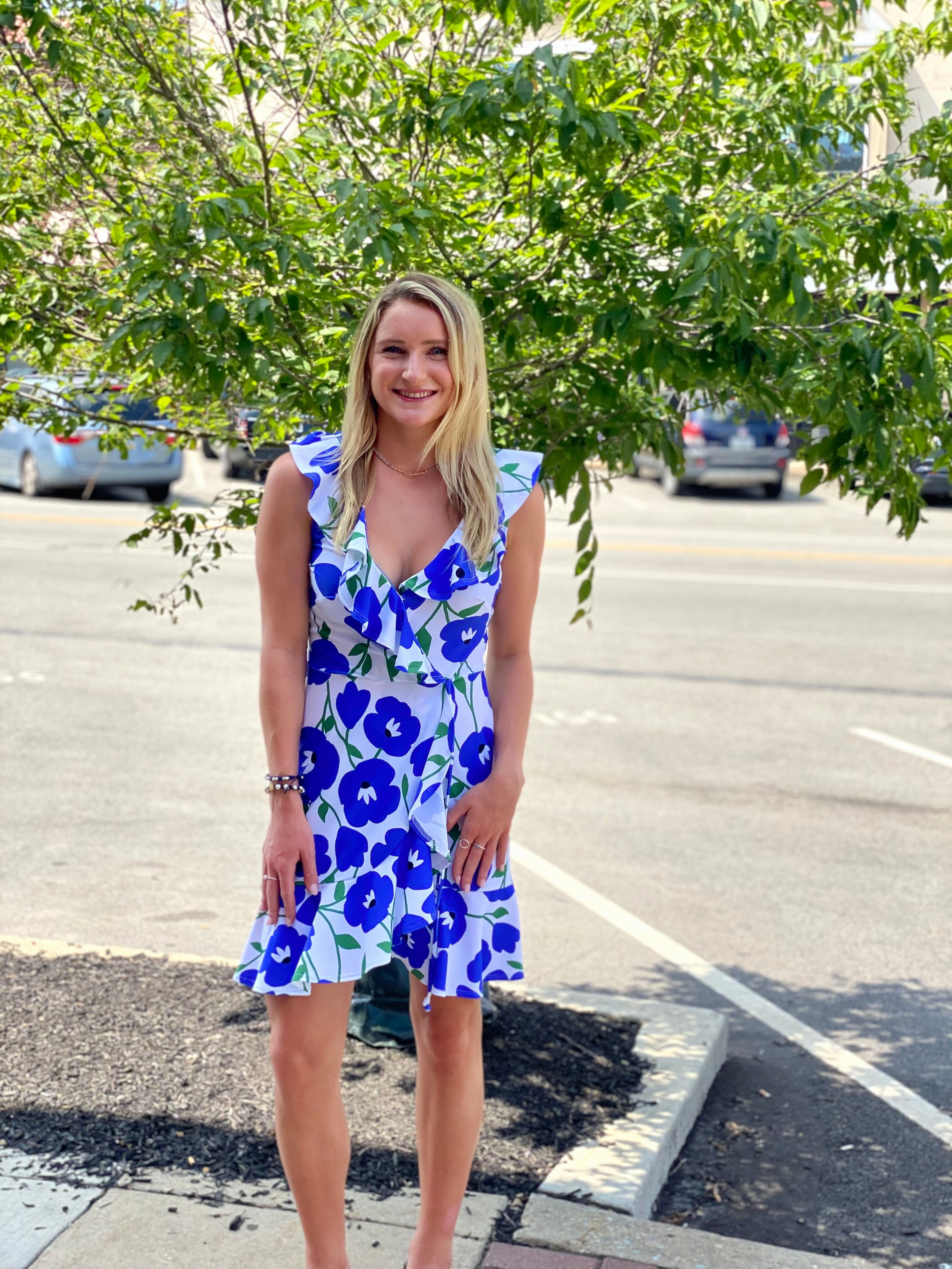 Naples Faux Wrap Dress Pop Art Flower Spring Vibe