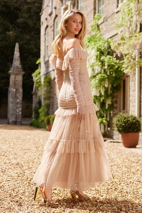 Glossy-Finish Versatile Fit Sequin Glimmer Rouched Off-Shoulder Gown