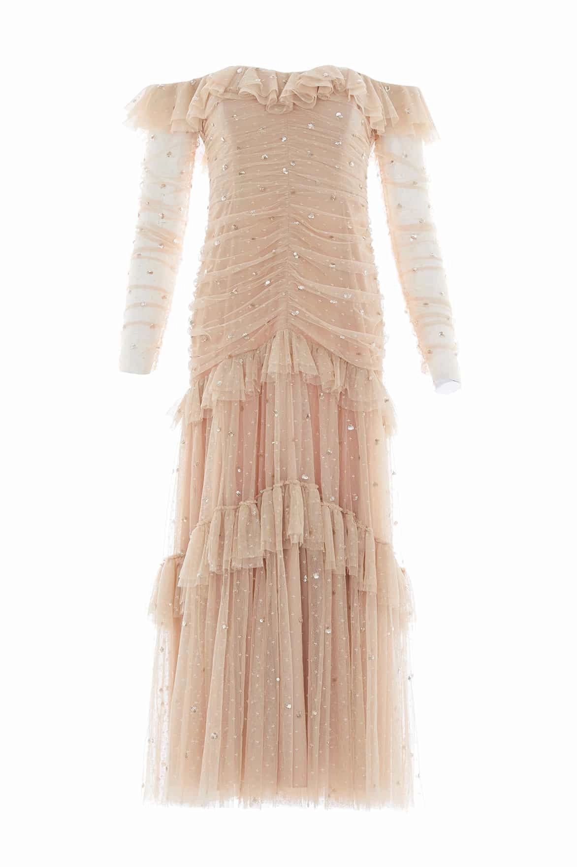 Light Volume Sequin Glimmer Rouched Off-Shoulder Gown