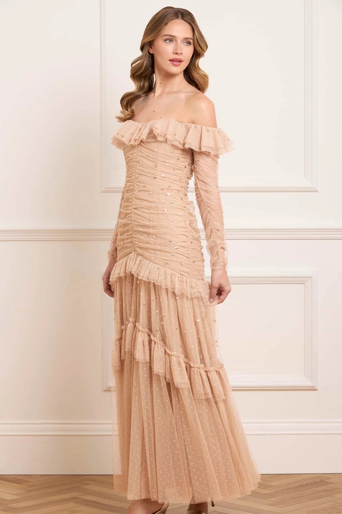 Sequin Glimmer Rouched Off-Shoulder Gown Refined Finish Delicate Edge