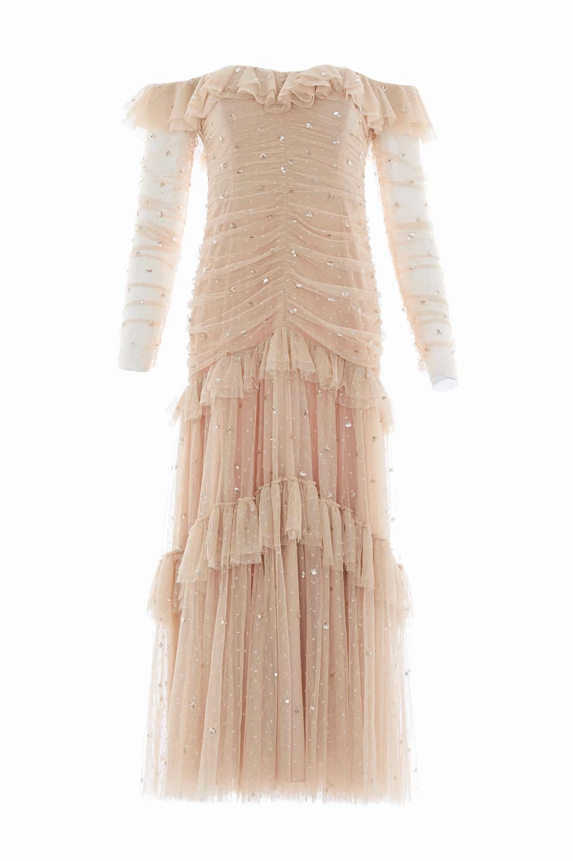 Draped Silhouette Light Finish Sequin Glimmer Rouched Off-Shoulder Gown