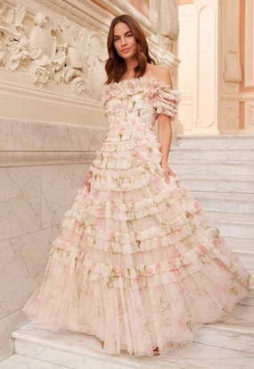 Button-Cuff Rose Lisette Off-Shoulder Gown