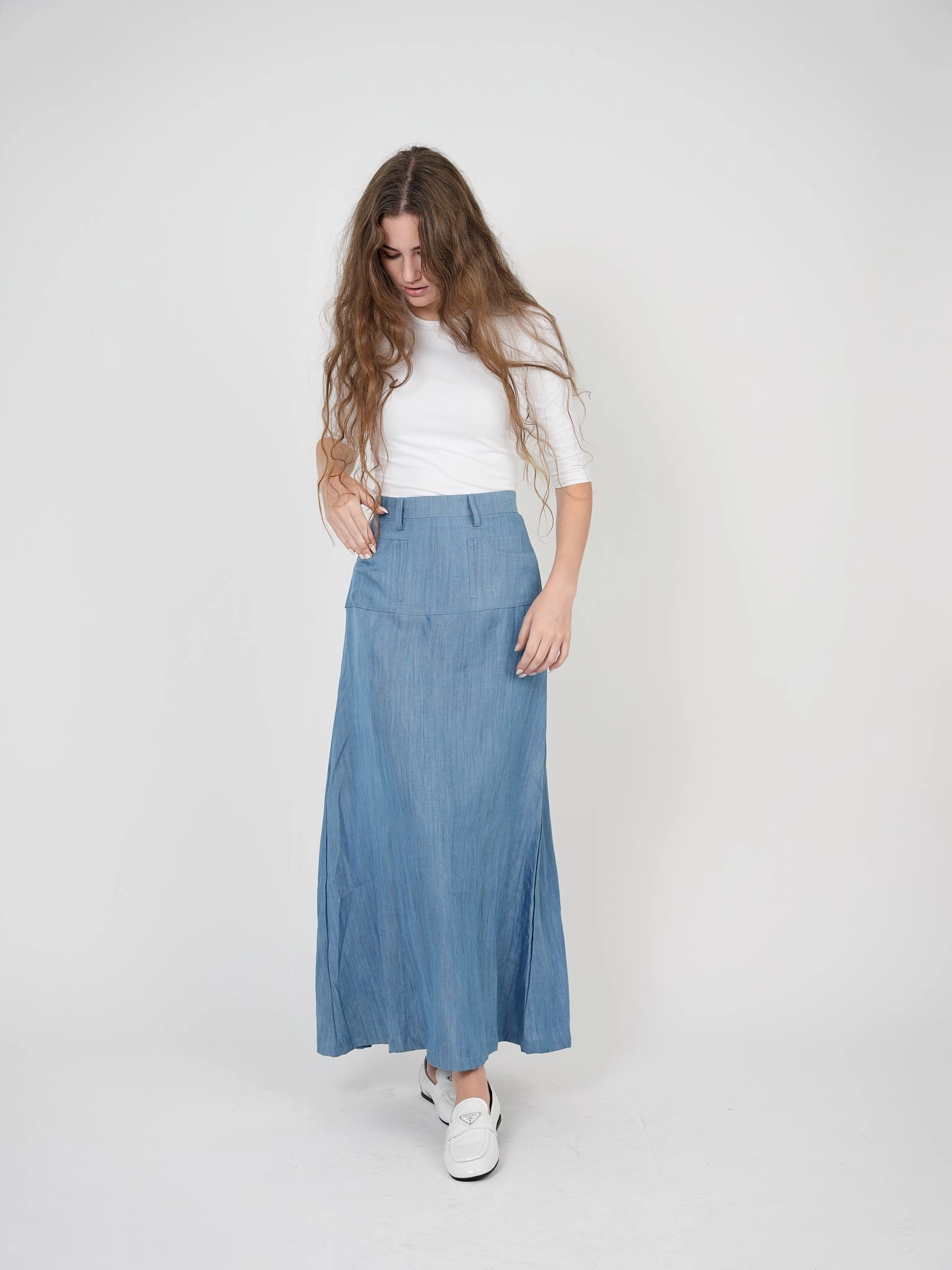 Side Slit Outfit Moodset Spades Light Denim Maxi Skirt SB3CM8389SL