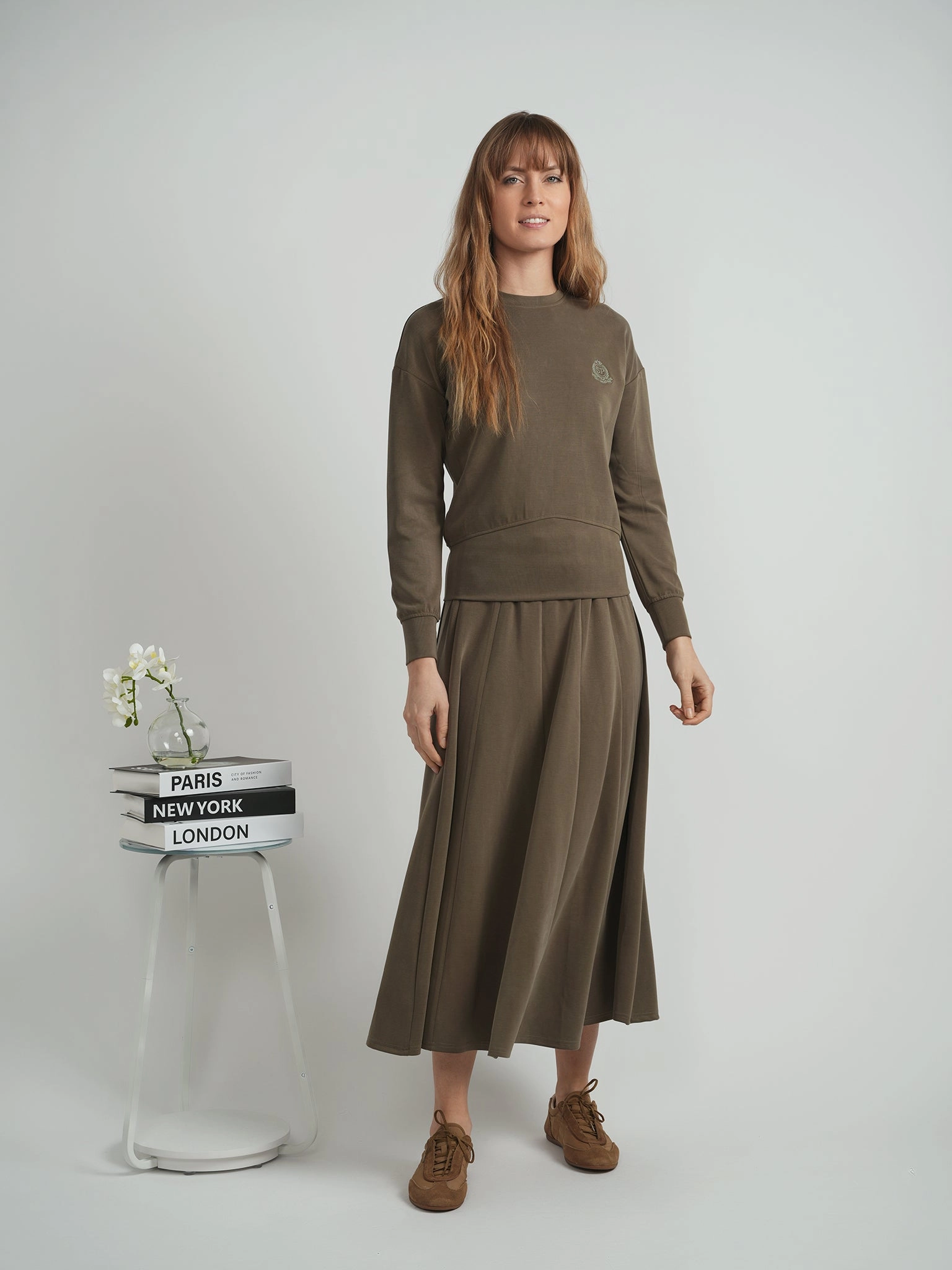Spades olive Ribbed Midi Sweat Skirt WB5CM1795SM Minimal Style