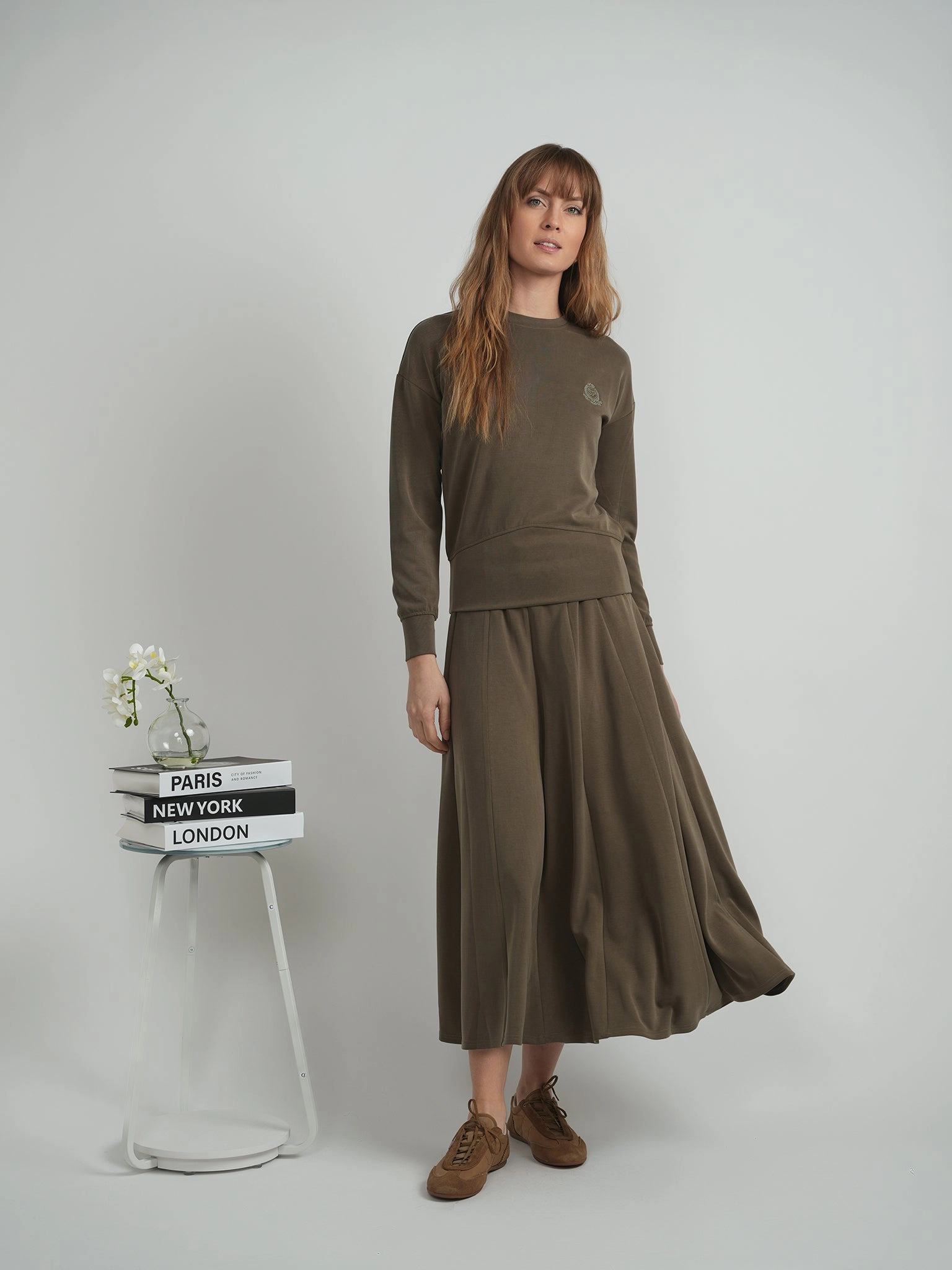 Classic Touch Smooth Layer Spades olive Ribbed Midi Sweat Skirt WB5CM1795SM