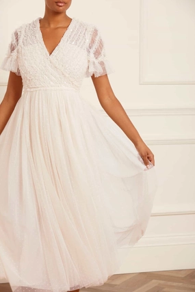 Spiral Sequin Bodice V-Neck Ankle Gown Ruffle Hem