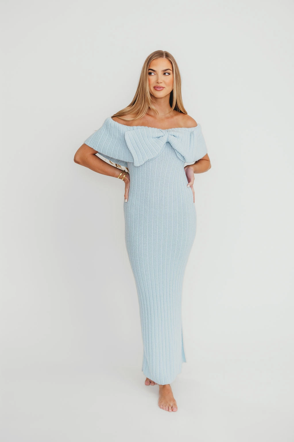 Aston Bow Front Maxi Sweater Dress in Ice Metal?C Bump Friendly & Inclusive Sizing (S-3XL) Smooth Vibes