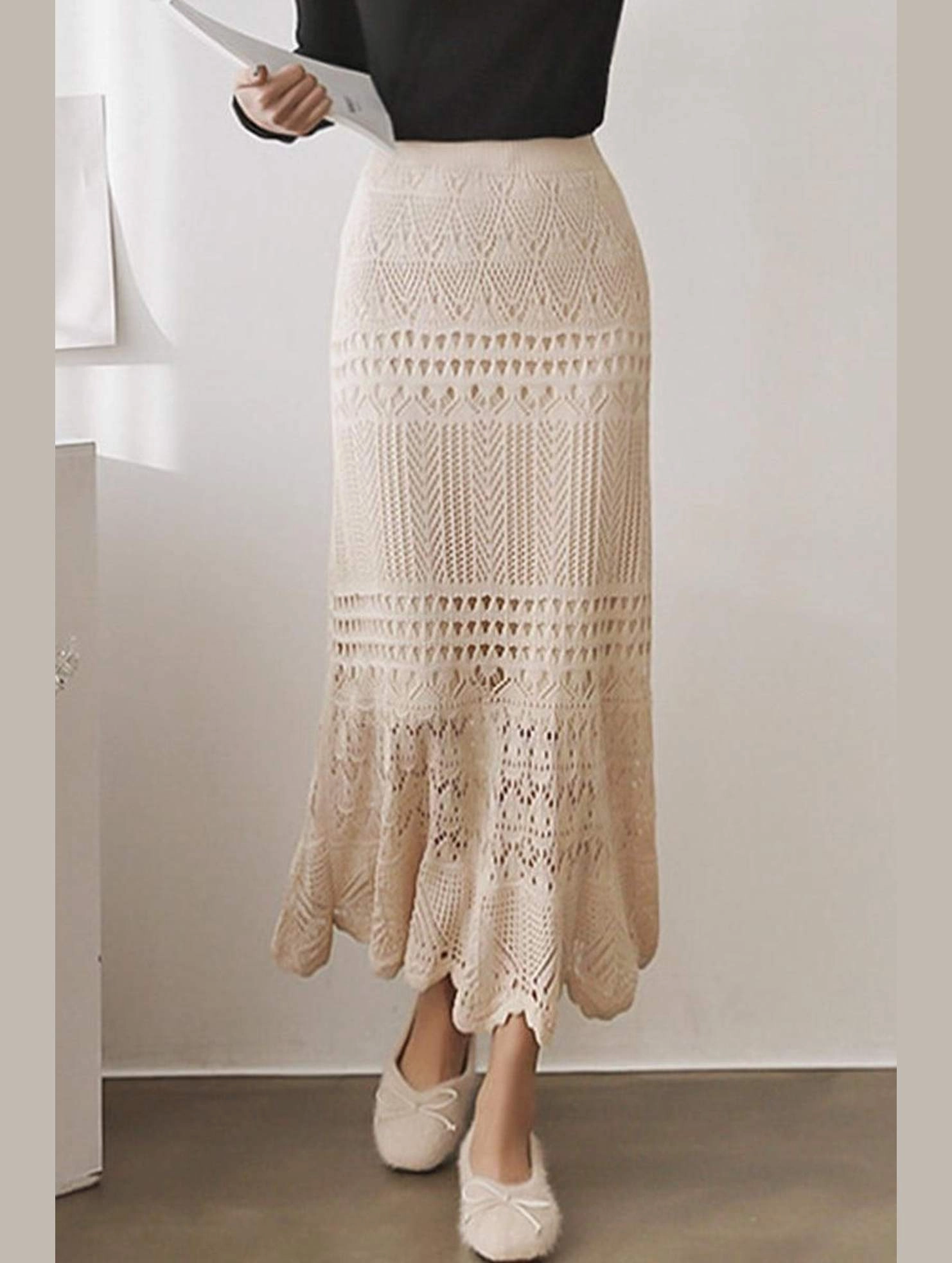 CROCHET HOLLOW KNITTED MIDI LENGTH SKIRT Breathable Style No Chafe