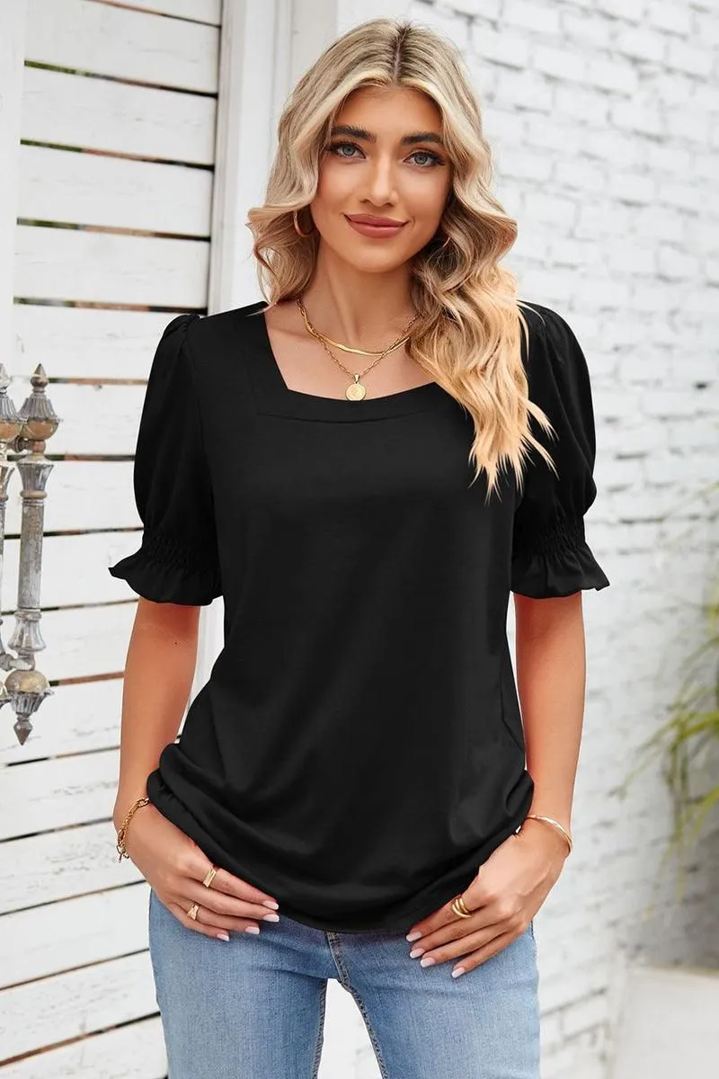 SQUARE NECK RUFFLED SHORT SLEEVE WOMEN T SHIRTS Airflow Mesh Panel StretchComfortDesign