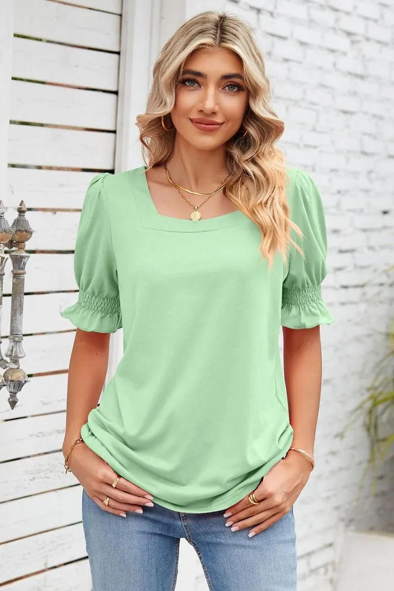 Water Repellent Finish SQUARE NECK RUFFLED SHORT SLEEVE WOMEN T SHIRTS