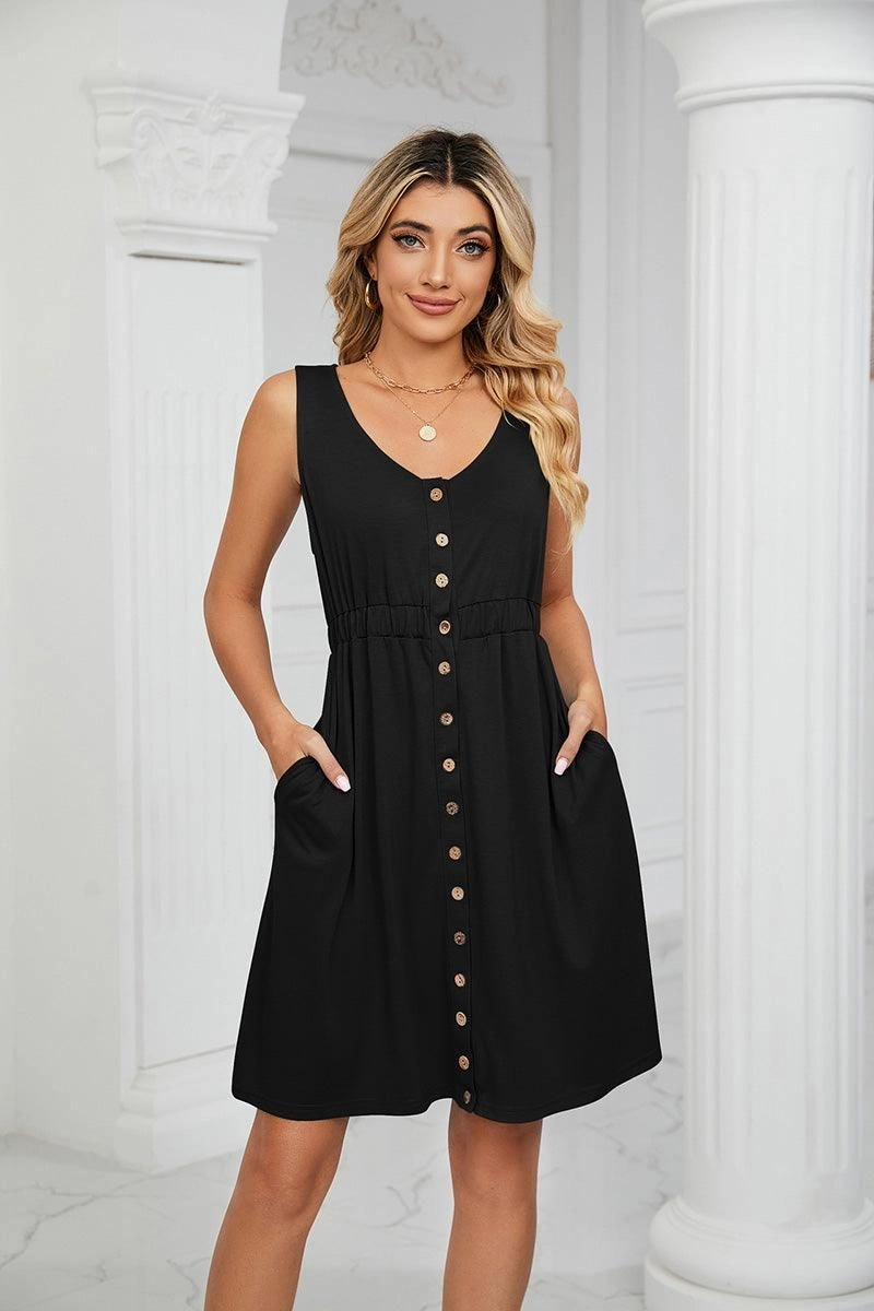 SLEEVELESS BUTTON POCKET SLIM WAIST DRESS Easy Look