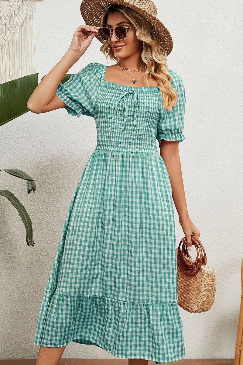 SQUARE NECK WRINKLED PUFF PLAID PICNIC DRESS Soft Comfort Chic Wear