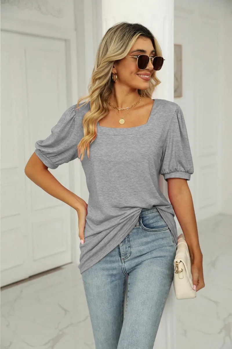 SQUARED NECKLINES RUFFLED LOOSE TEES Hidden Zipper Pocket