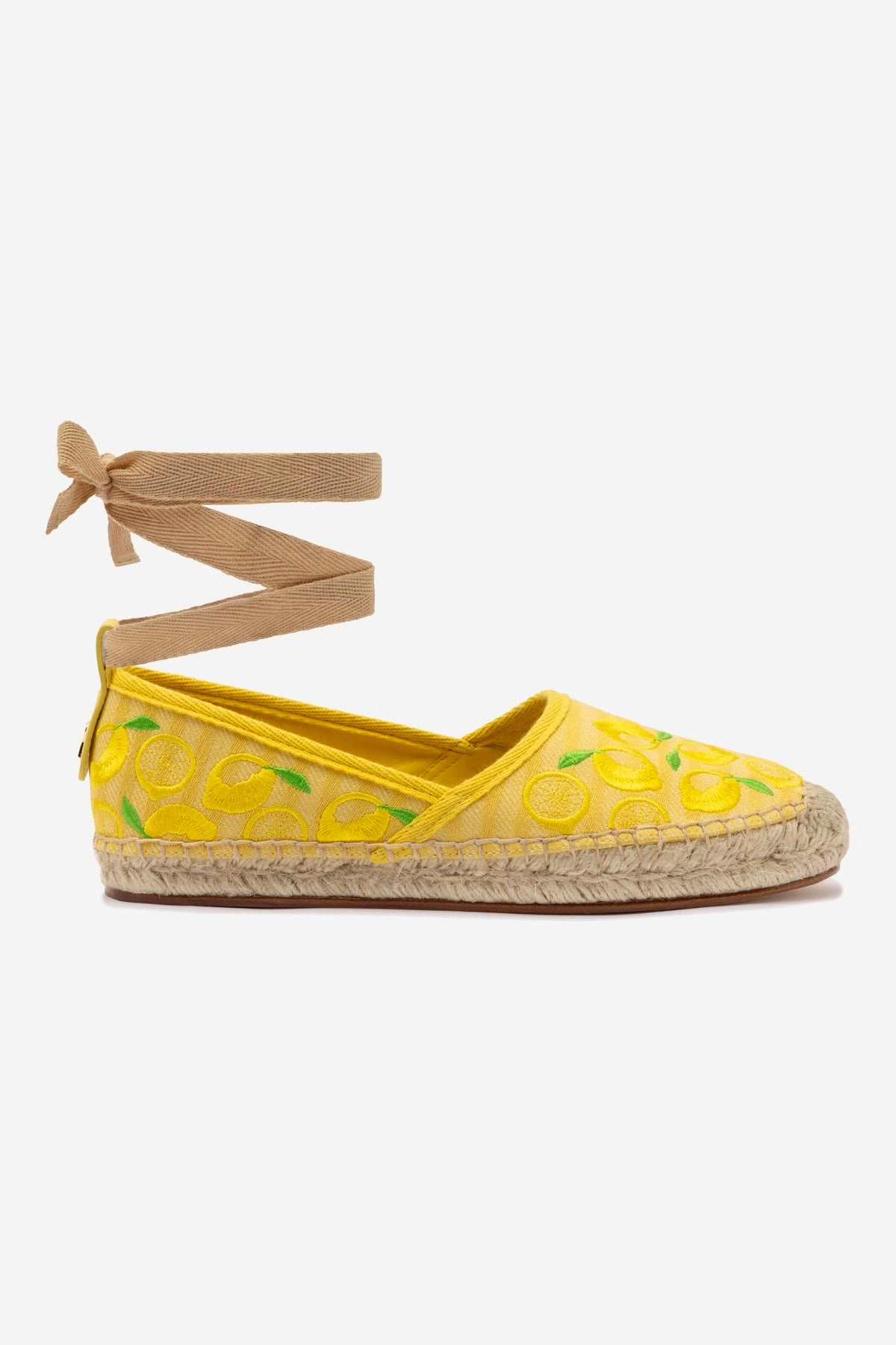Letizia Espadrille Flat In Sunrise Striped Fabric and Sicilian Lemon Embroidery Forest Path Microfiber Lining