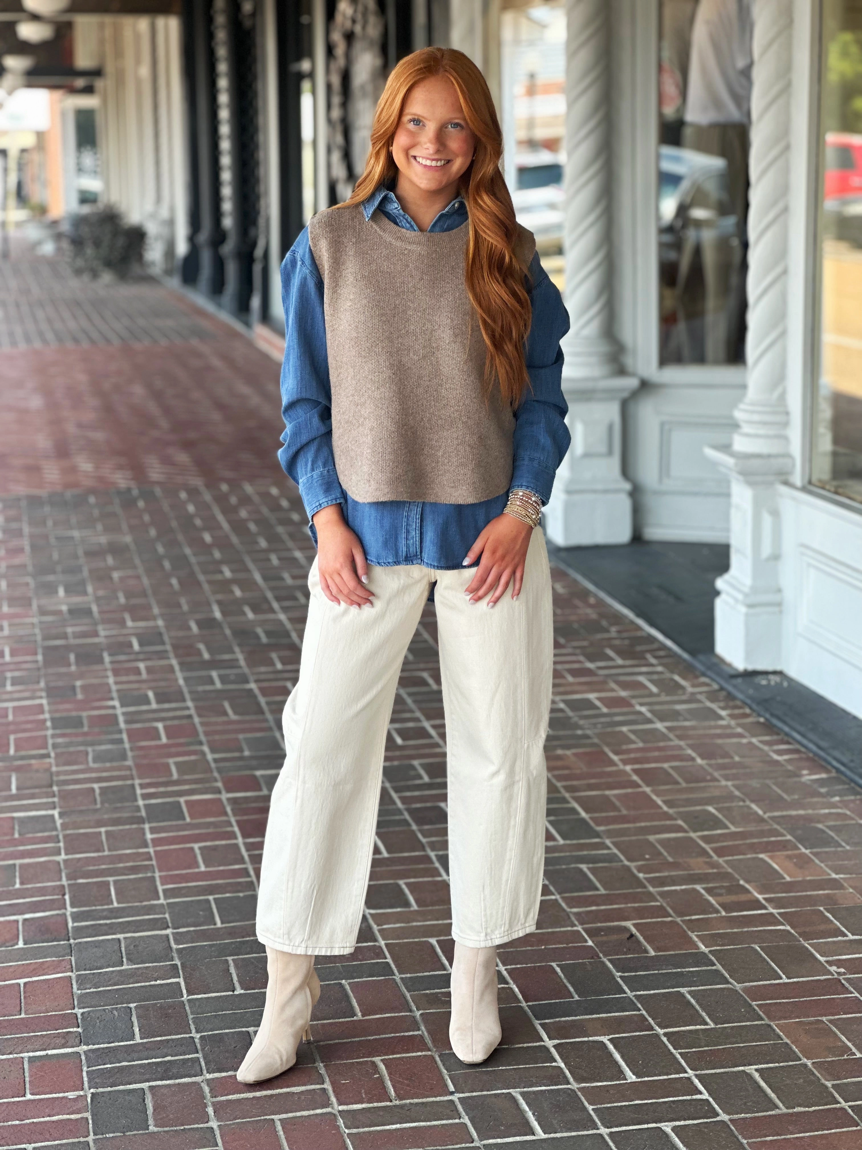 Better Together Brown Sleeveless Sweater Roll Up Sleeve Design