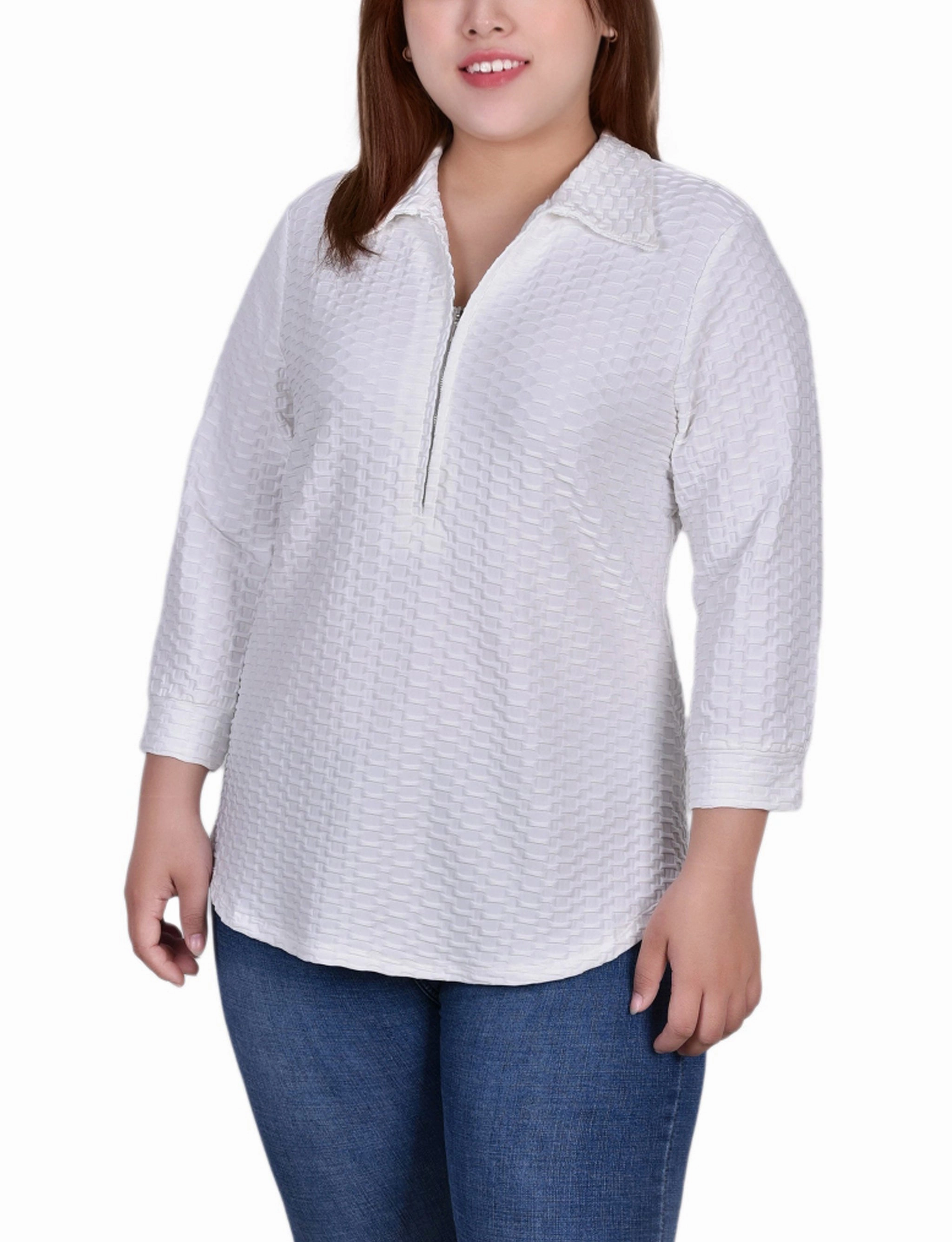 Plus Size 3/4 Sleeve Honeycomb Half Zip Collared Top Professional Look