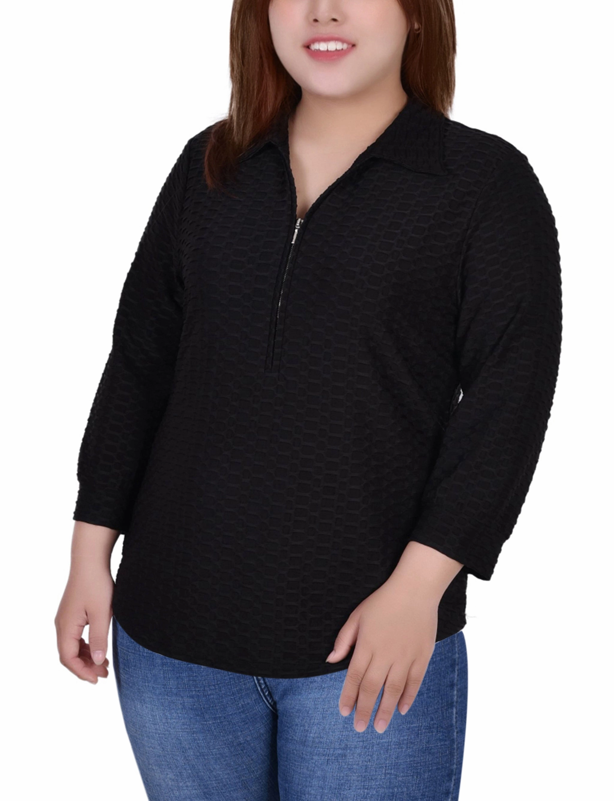 ButterySoftTextile Plus Size 3/4 Sleeve Honeycomb Half Zip Collared Top