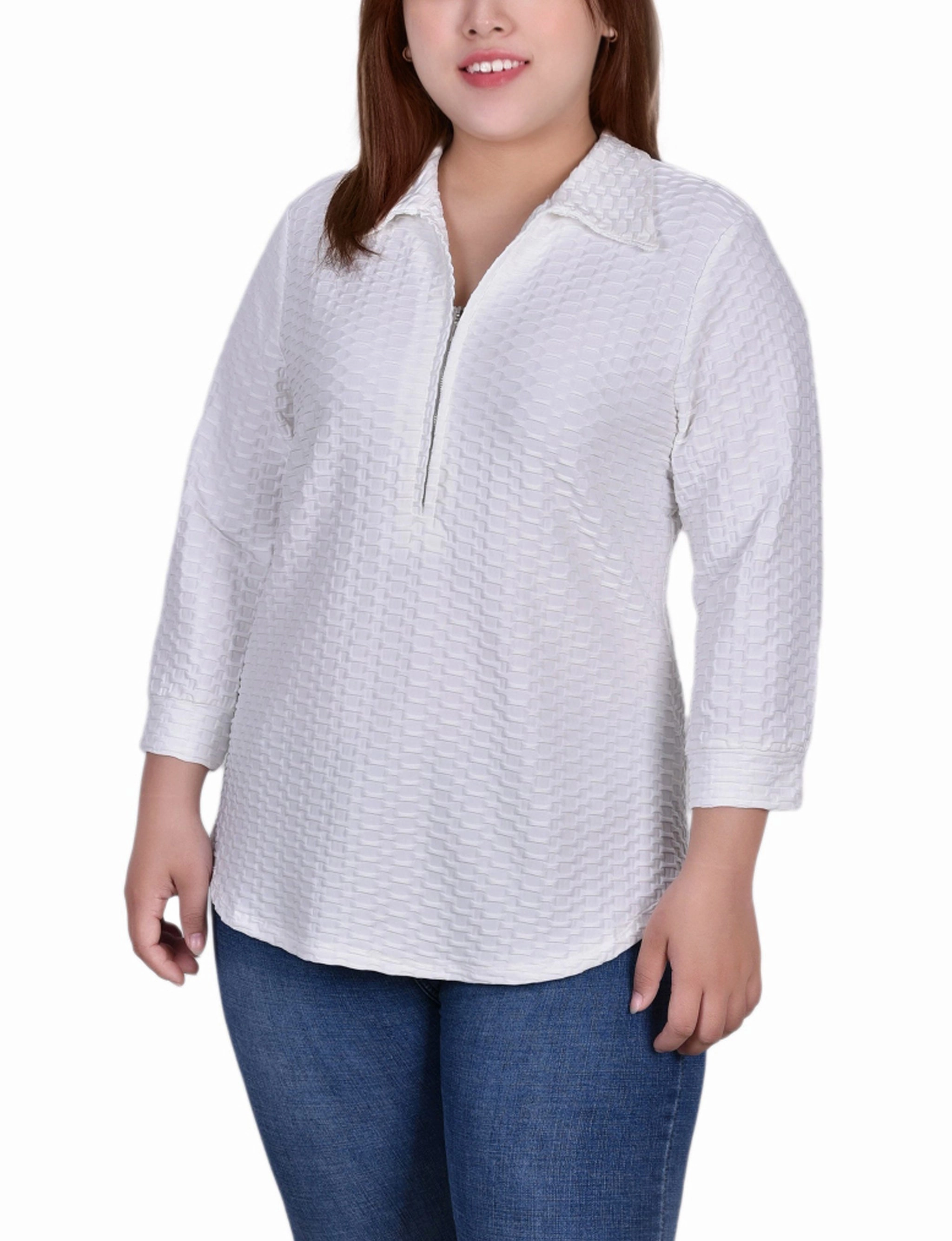 Contrast Stitch Detail Ribbed Hem Plus Size 3/4 Sleeve Honeycomb Half Zip Collared Top