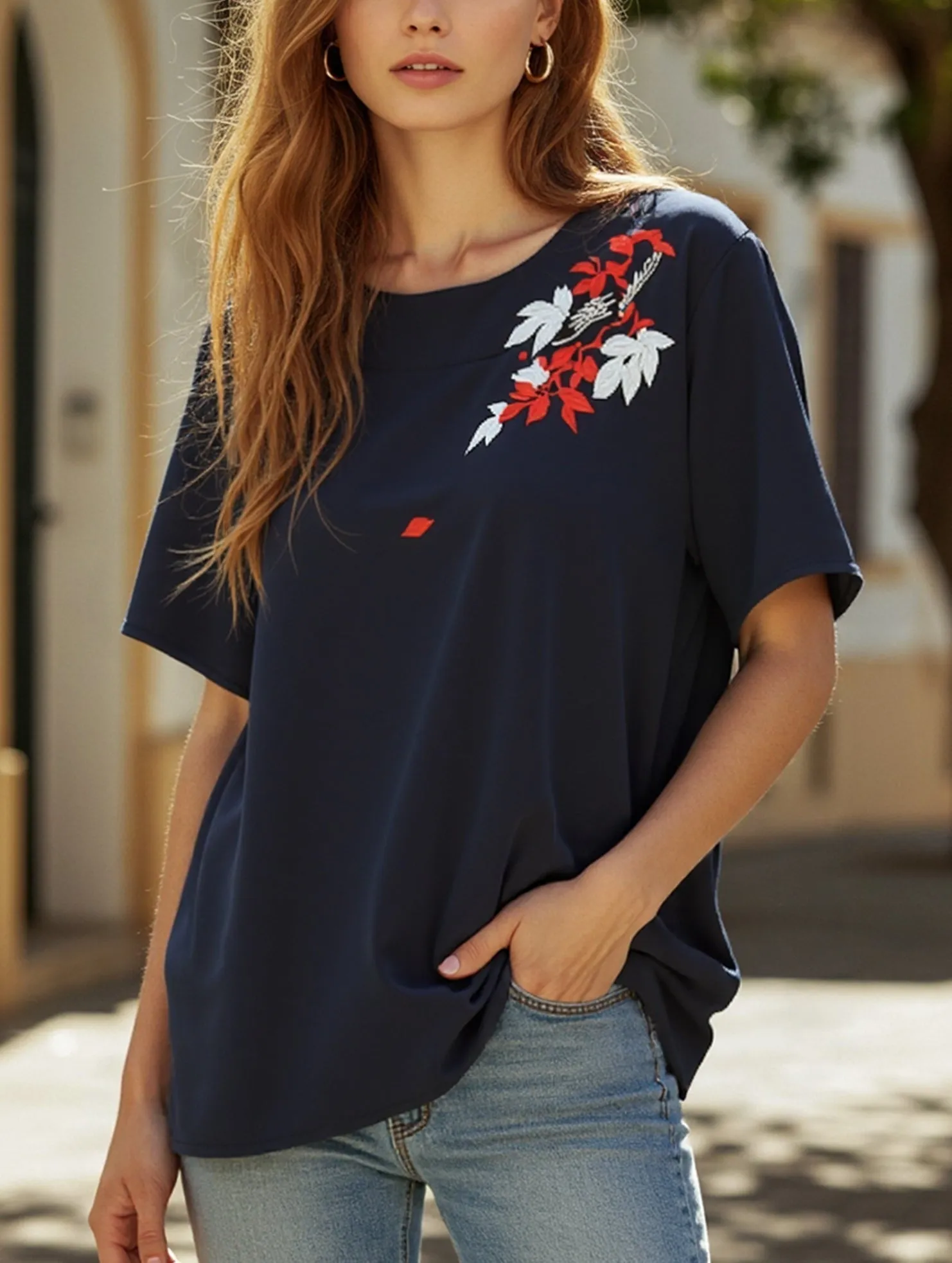 Pullover Fresh Sweet Embroidered Blouse ??Lightweight Women's Top Smooth Seam Transition Roll Up Sleeve System